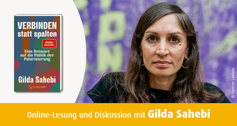 Gilda Sahebi, links neben ihr eine Abbildung ihres Buchs "Verbinden statt spalten"